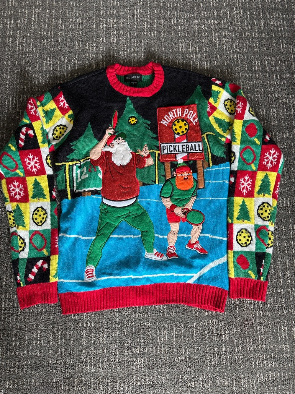 North Pole Pickleball Holiday Crewneck Sweater - Red/Green/Blue